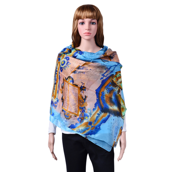 100% Mulberry Silk Map and Nautical Pattern Light Blue, Peach and Multi Colour Scarf (Size 180x110 C