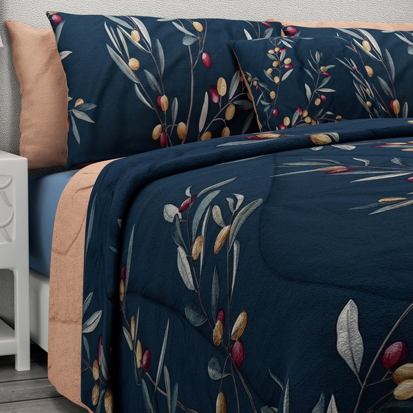 100% Natural Mulberry Silk Quilt (200 cm) with Cotton Printed Cover, 2 Pillow Cases (75x50 cm), Cushion Cover (40 cm) - Teal (Size: Double)