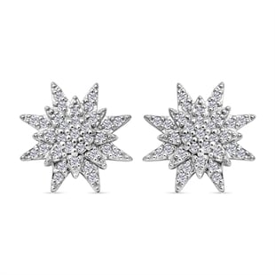 Moissanite Starburst Stud Earrings With Push Back in Rhodium Overlay Sterling Silver 0.50 Ct.
