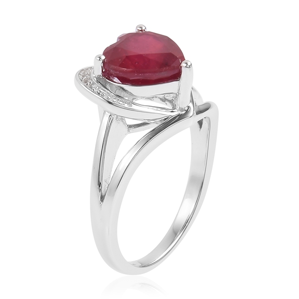 African Ruby (Hrt 5.00 Ct), Natural White Cambodian Zircon Ring in Rhodium Plated Sterling Silver 5.110 Ct.