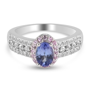 Tanzanite, Pink Sapphire and Natural Cambodian Zircon Ring in Platinum Overlay Sterling Silver 1.35 