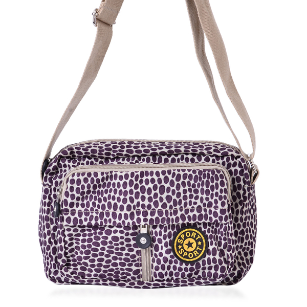 Cream and Purple Colour Dots Pattern Waterproof Sport Bag with External Zipper Pocket and Adjustable