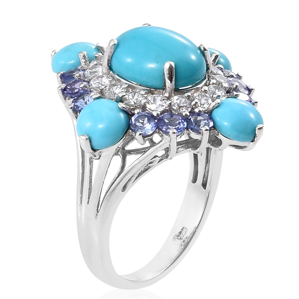 Arizona Sleeping Beauty Turquoise (Ovl 3.45 Ct), Tanzanite and Natural Cambodian Zircon Floral Ring in Platinum Overlay Sterling Silver 9.250 Ct. Silver wt 6.49 Gms.