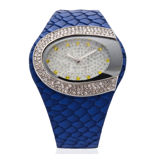 STRADA Japanese Movement White and Yellow Austrian Crystal Watch in Silver Tone with Snake Embossed 