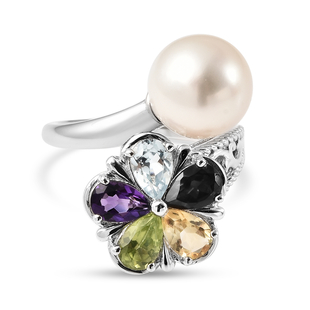 Edison Pearl, Citrine, Amethyst and Multi Gemstone Floral Bypass Ring in Rhodium Overlay Sterling Si