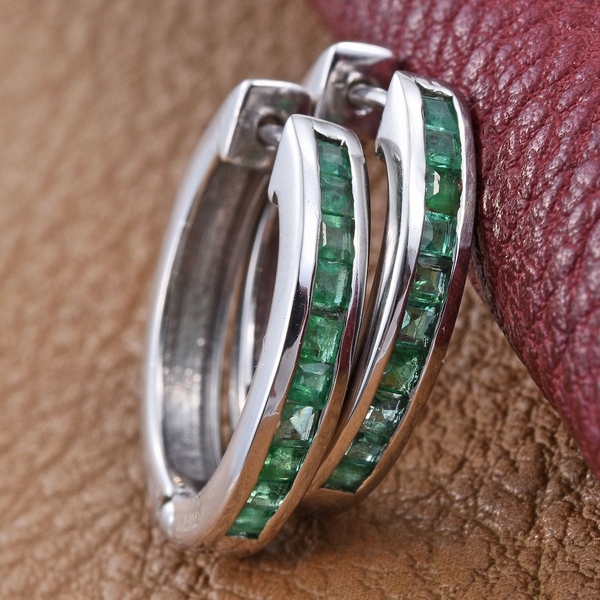 Kagem Zambian Emerald (Sqr) Hoop Earrings (with Clasp) in Platinum Overlay Sterling Silver 1.000 Ct.