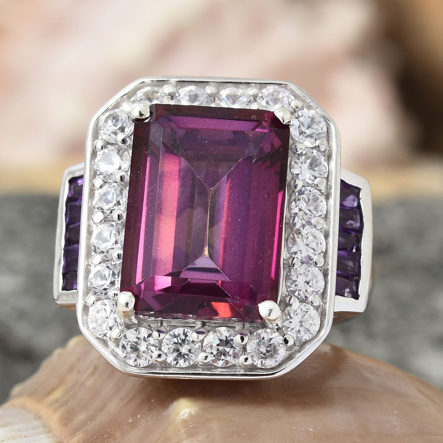 Lulaby Mystic Topaz (Oct 9.30 Ct), Natural Cambodian Zircon and  Amethyst Ring in Platinum Overlay Sterling Silver 11.750 Ct, Silver wt 6.72 Gms.