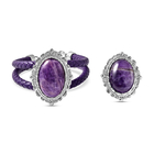 2 Piece Set - Amethyst Ring and Genuine Leather Bracelet (Size 7 With 2 Inch Extender) in Silver Ton