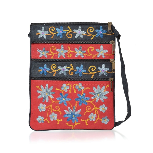 Suede Fabric Multi Colour Flower Hand Embroidered Red and Grey Colour Satchel with External Zipper Pocket (Size 9.5x8 inch)