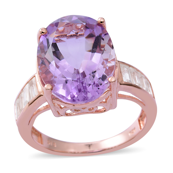 Rose De France Amethyst (Oval 11.45 Ct), Natural White Cambodian Zircon Ring in Rose Gold Overlay St