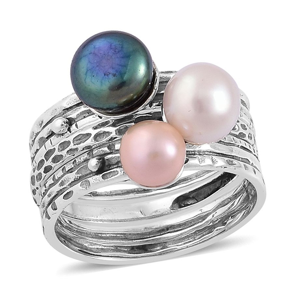 PEARL EXPRESSIONS Set of 3 - Fresh Water Peacock, Peach and White Pearl Ring in Sterling Silver