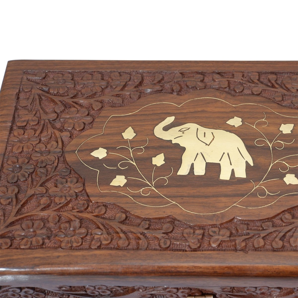 Brass Inlay Indian Rosewood Elephant and Leaves Carved 2 Tier Jewellery Box (Size 10x6x3.75 inch)