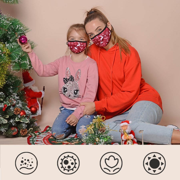 Set of 2 - Christmas Deer and Snow 100% Cotton Face Covering with Filter (Adult and Kid) - Burgundy
