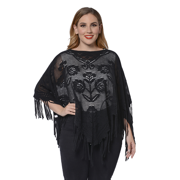 Spring Collection - Rose Pattern Hollow Out Poncho with Fringe Hem in Black (Free Size; Length 50Cm)