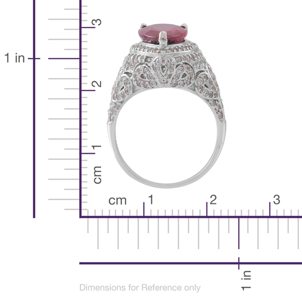 African Ruby (Pear 5.75 Ct), Ruby and Natural Cambodian White Zircon Ring in Rhodium Plated Sterling Silver 7.000 Ct.