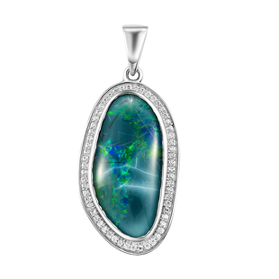 Australian Boulder Opal and Natural Cambodian Zircon Pendant in Platinum Overlay Sterling Silver, Si