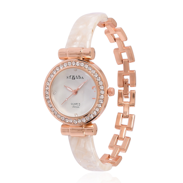 STRADA Japanese Movement White Austrian Crystal Studded White Dial Watch in Rose Gold Tone with Stai