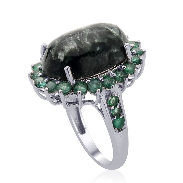 Siberian Seraphinite (Ovl 9.50 Ct), Kagem Zambian Emerald Ring in Platinum Overlay Sterling Silver 11.000 Ct.