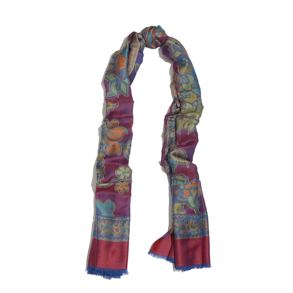 100% Superfine Modal Multi Colour Floral, Leaves and Paisley Pattern Red and Purple Colour Jacquard Scarf (Size 190x70 Cm)