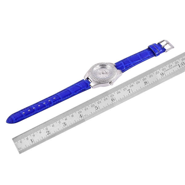 STRADA Japanese Movement White Austrian Crystal Studded Silver Dial Water Resistant Watch in Silver Tone with Stainless Steel Back and Blue Colour Strap