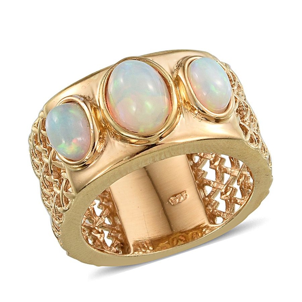 AA Ethiopian Welo Opal (Ovl 0.75 Ct) 3 Stone Band Ring in 14K Gold Overlay Sterling Silver 1.500 Ct.