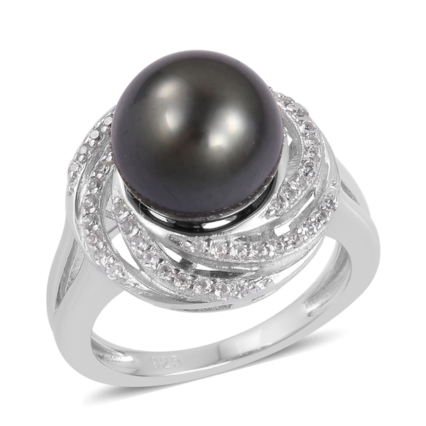 Tahitian Pearl and Zircon Classic Ring in Platinum Plated Silver