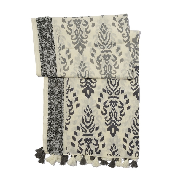 Designer Inspired Winter Special Grey, Off White and Black Colour Embroidered Cotton Scarf with Fringes (Size 165x70 Cm)