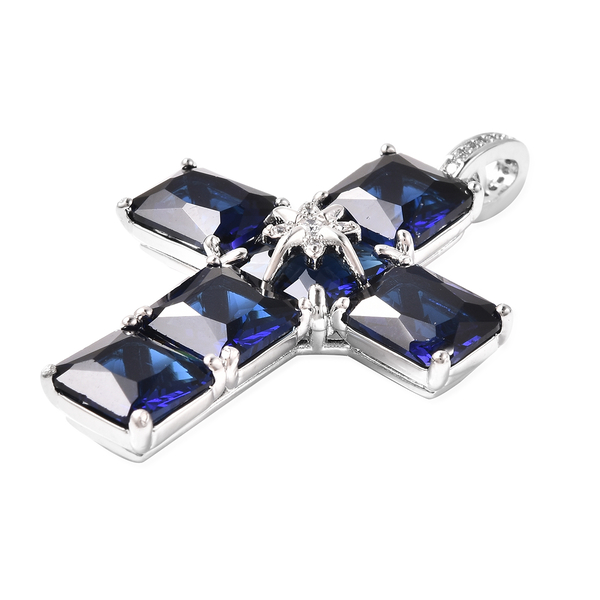 2 Piece Set - Simulated Blue and White Diamond Ring and Cross Pendant with Chain (Size 20 with 3 inch Ext.) in Silver Tone
