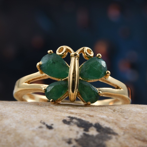 Kagem Zambian Emerald (Pear) Butterfly Ring in 14K Gold Overlay Sterling Silver 1.000 Ct.