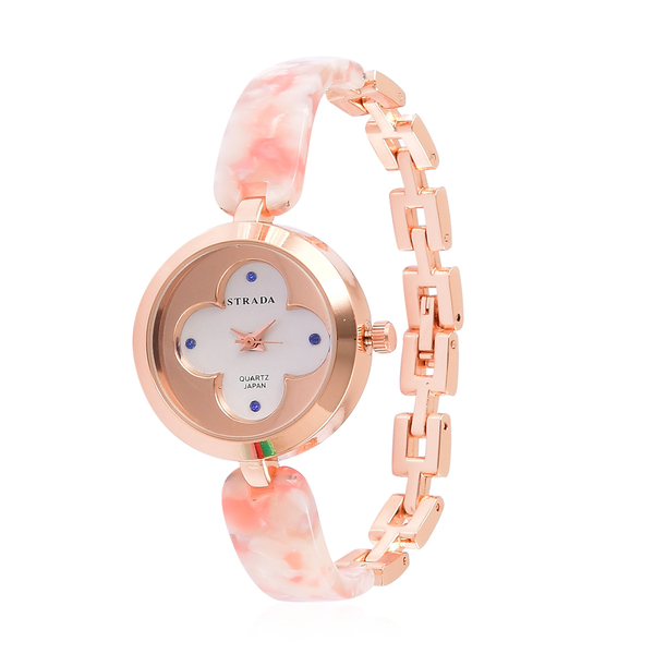 STRADA Japanese Movement Blue Austrian Crystal Studded White Dial Watch in Rose Gold Tone with Stain