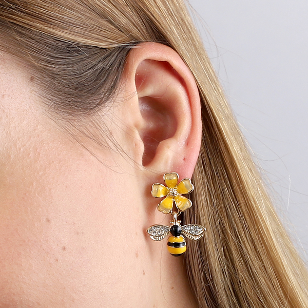 White Austrian Crystal Enamelled Bee and Flower Earrings (with Push Back) in Gold Tone