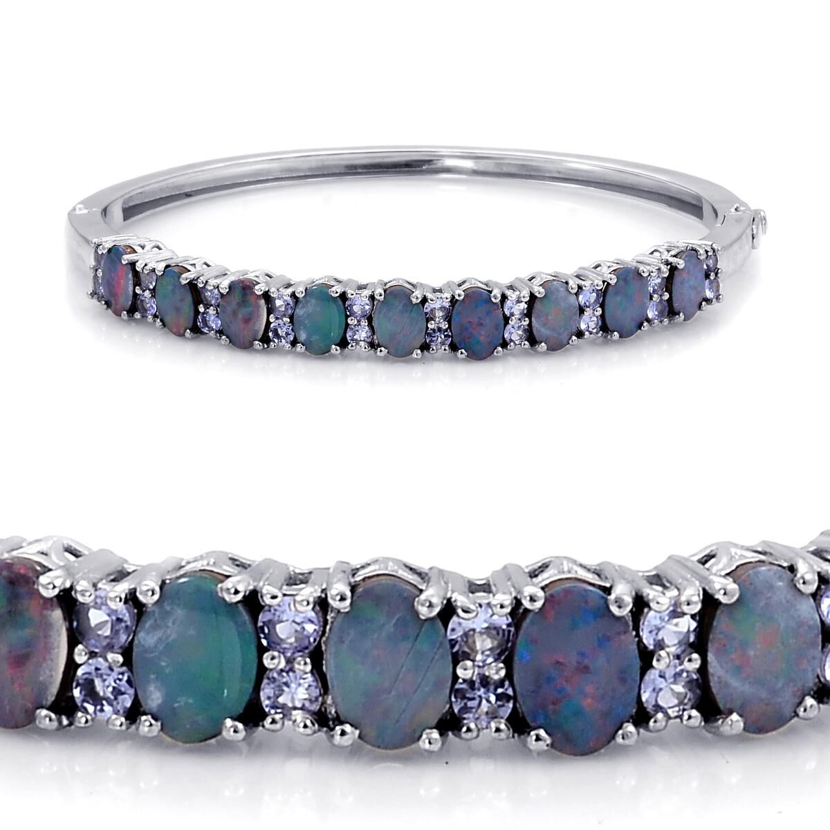 Australian Boulder Opal (Ovl), Tanzanite Bangle in ION Plated Platinum Bond (Size 7.5) 6.150 Ct.