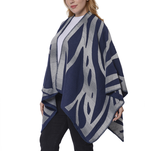 One Time Deal-Navy and Grey Colour Raised Grain Pattern Blanket Kimono (Size 133x70 Cm)