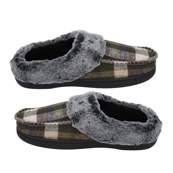 Checkered Pattern Faux Fur Slippers (Size 3 - 4) - Khaki & Grey