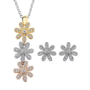 2 Piece Set - Simulated Diamond Floral Necklace (Size 15 With 2 Inch Extender) and Earrings (With Pu