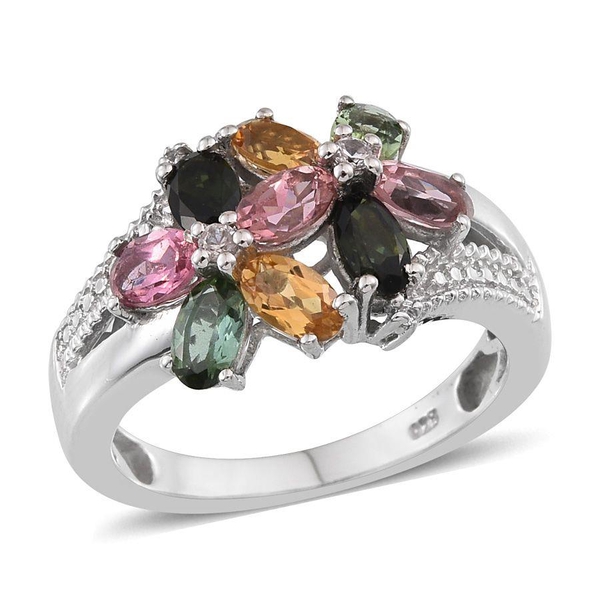 Rainbow Tourmaline (Ovl), Natural Cambodian Zircon Ring in Platinum Overlay Sterling Silver 2.000 Ct