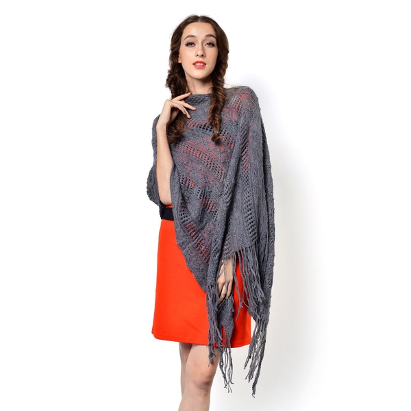 Grey Colour Knitted Poncho with Tassels (Free Size)