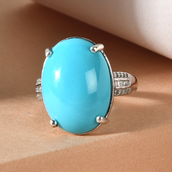 Arizona Sleeping Beauty Turquoise (OV18x13) and Diamond Ring in Platinum Overlay Sterling Silver 8.64 Ct.