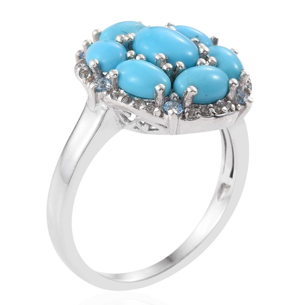 Arizona Sleeping Beauty Turquoise (Ovl 1.00 Ct), White Topaz and Signity Blue Topaz Ring in Platinum Overlay Sterling Silver 4.000 Ct.