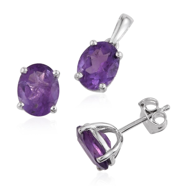 African Amethyst (Ovl) Solitaire Pendant and Stud Earrings (with Push Back) in Platinum Overlay Ster