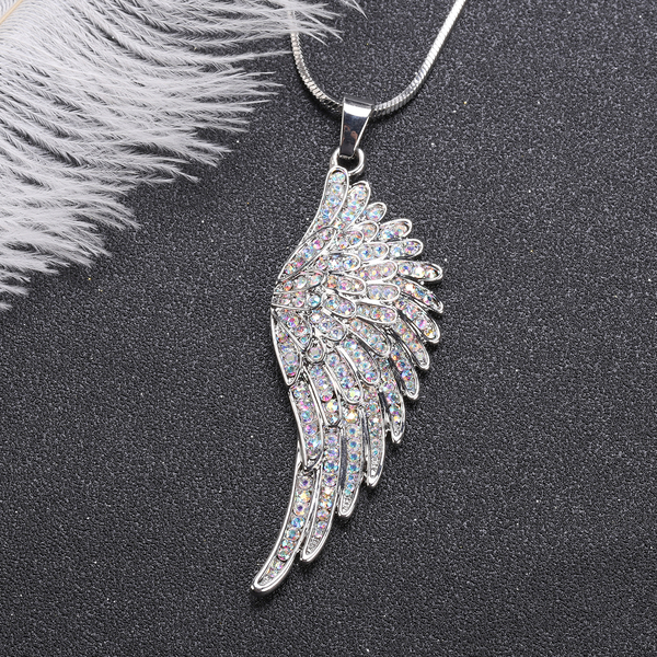 White AB Colour Crystal Angel Wing Pendant with Chain (Size 29 with 2 inch Extender)