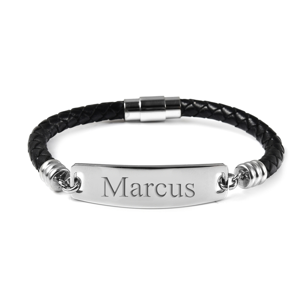 Personalised Engravable ID Bar Leather Bracelet in Silver Tone, 8 inch