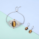 2 Piece Set - Yellow Tigers Eye and Yellow Crystal Adjustable Bracelet (Size 6.5 - 9.5) and Lever Back Earrings in Stainless Steel
