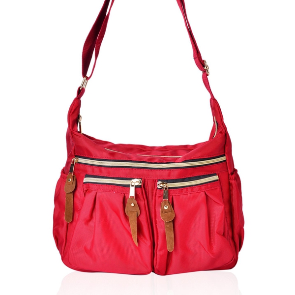 Designer Inspired- Red Colour Multi Pocket Waterproof Crossbody Bag with Adjustable Shoulder Strap (