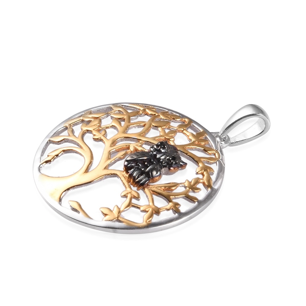 Boi Ploi Black Spinel (Rnd) Tree and Owl Pendant in Yellow Gold, Platinum and Black Plated Overlay Sterling Silver