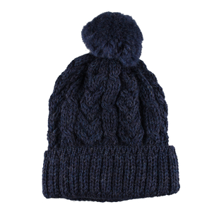 ARAN Woollen 100% Pure Wool Cable Hat with Pom Pom - Navy