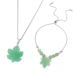 3 Piece Set - Green Aventurine Leaf Design Adjustable Bracelet and Pendant with Chain (Size 20) in S