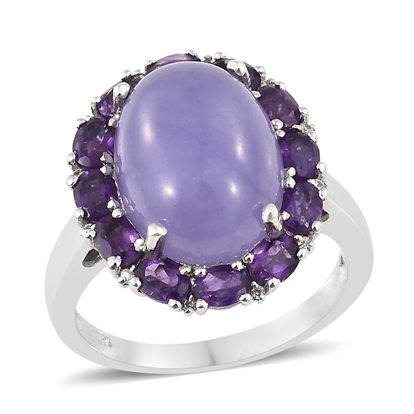 Purple Jade (Ovl 11.00 Ct), Amethyst and Natural Cambodian Zircon Ring in Platinum Overlay Sterling 
