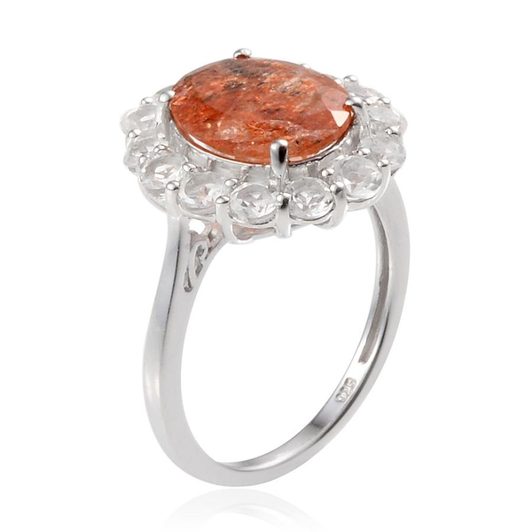 Tanzanian Sun Stone (Ovl 3.50 Ct), White Topaz Ring in Platinum Overlay Sterling Silver 5.250 Ct.