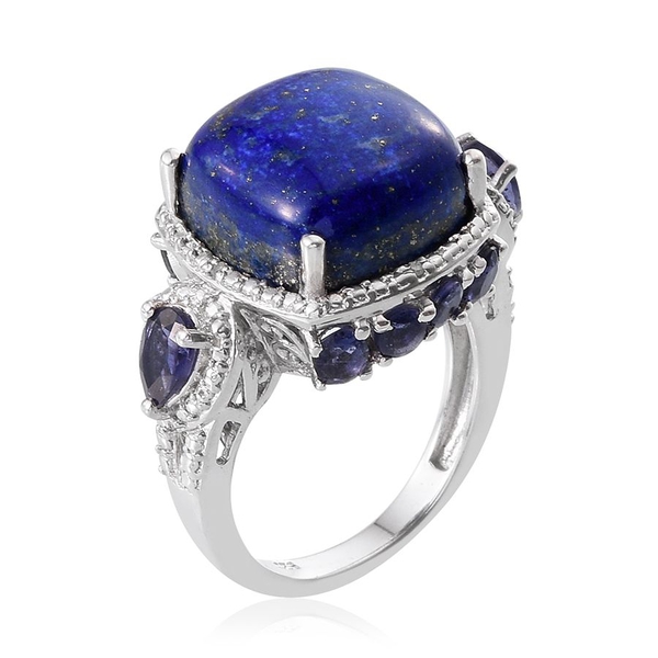 Lapis Lazuli (Cush 12.25 Ct), Iolite and Diamond Ring in Platinum Overlay Sterling Silver 13.520 Ct.